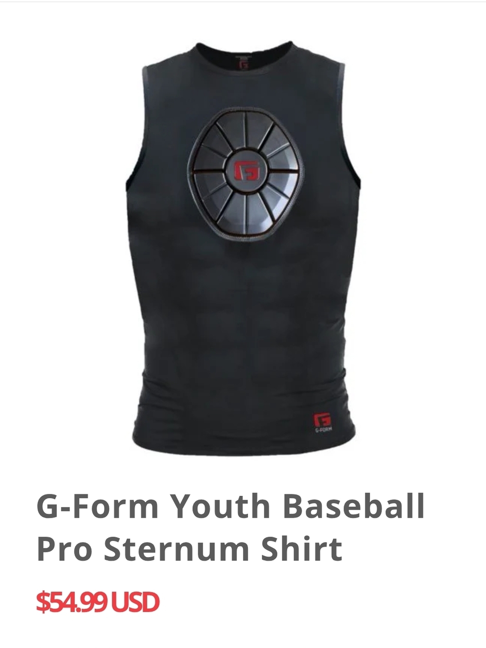 G-Form Youth Baseball Pro Sternum Shirt - Black with Red Logo